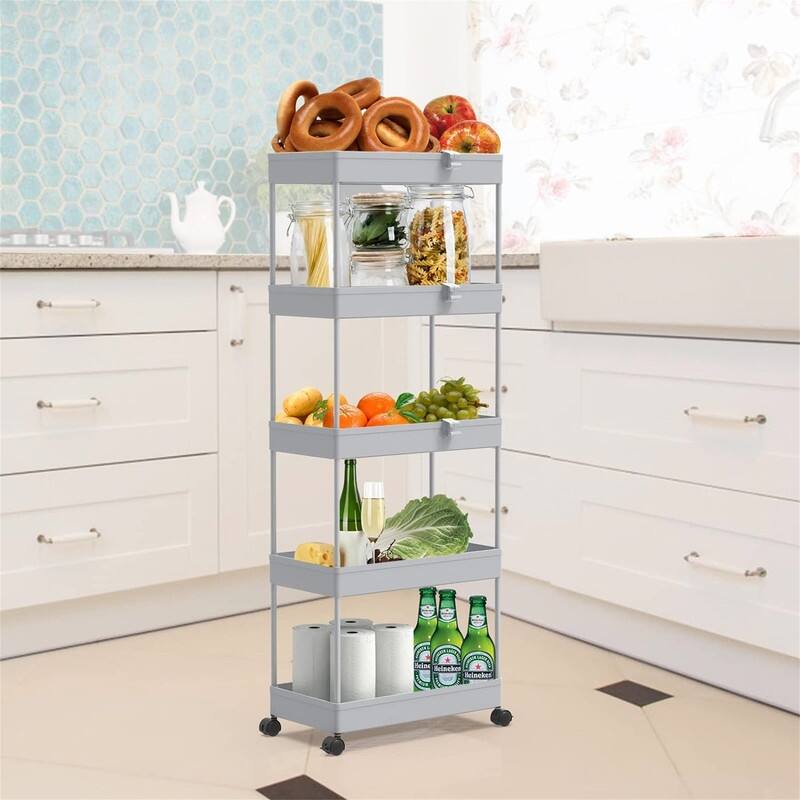 5 Tier Storage Cart Organizer Rolling Utility Cart - 8.66"D x 15.75"W x 44.33"H - Grey