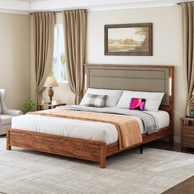Linen Upholstered Bed with Headboard, Charging Station, and LED Lights, Available in Queen/King Size