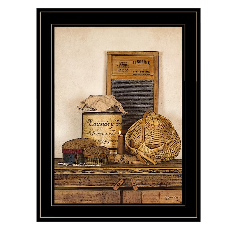 TrendyDecor4U Traditional "Laundry Soap" Framed Print Wall Art by Susie Boyer - Brown, Tan, White, Blue, Gray, Green White - Black
