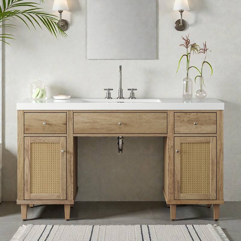 60" Bathroom Vanity with SMC Sink, Freestanding Single Sink Cabinet with Soft-Close Drawers, Tip-Out Tray & Rattan Doors - Wood
