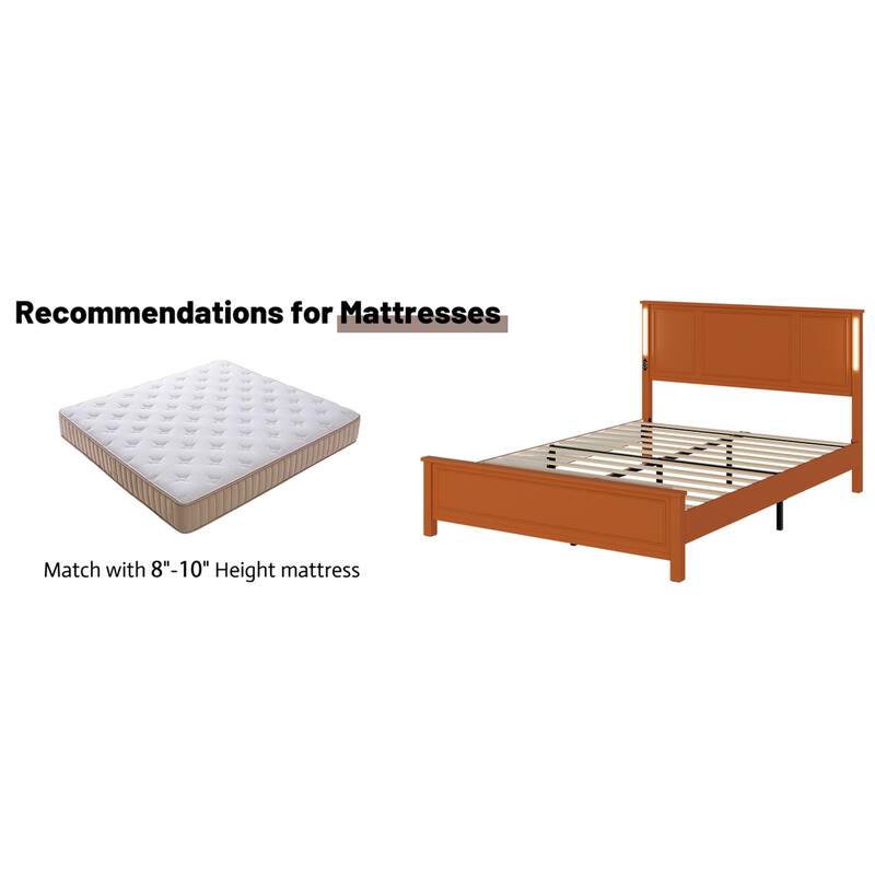 Queen Size LED Platform Bed with Wood Headboard and Charging Station