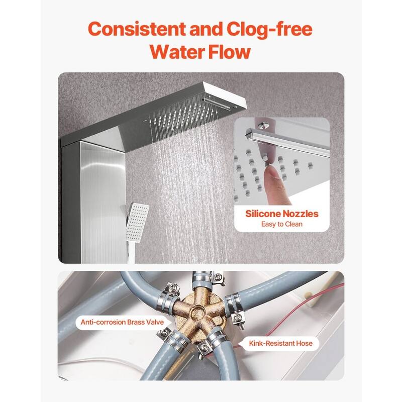 Silver Stainless Steel 5-in-1 Shower Panel Tower System with Rainfall, Waterfall, Jets and Handheld - 53.0x 7.9x 18.1 inch