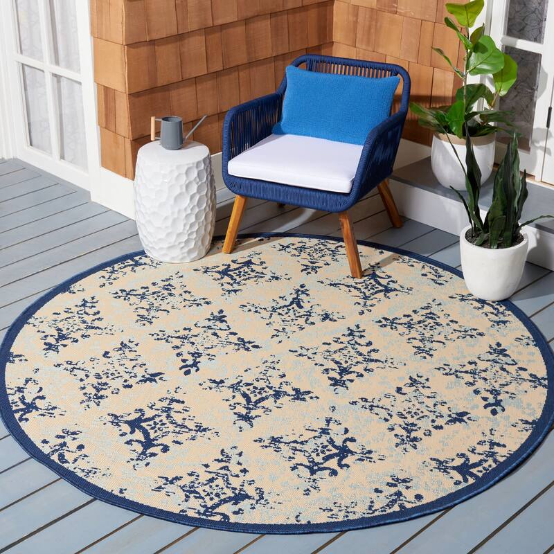 SAFAVIEH Courtyard Crocifissa Indoor/ Outdoor Waterproof Patio Backyard Rug - 6'7" Round - Ivory/Navy