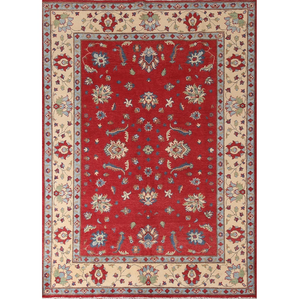 Red Kazak Area Rug Hand-Knotted Floral Wool Carpet - 5'9" x 7'8"