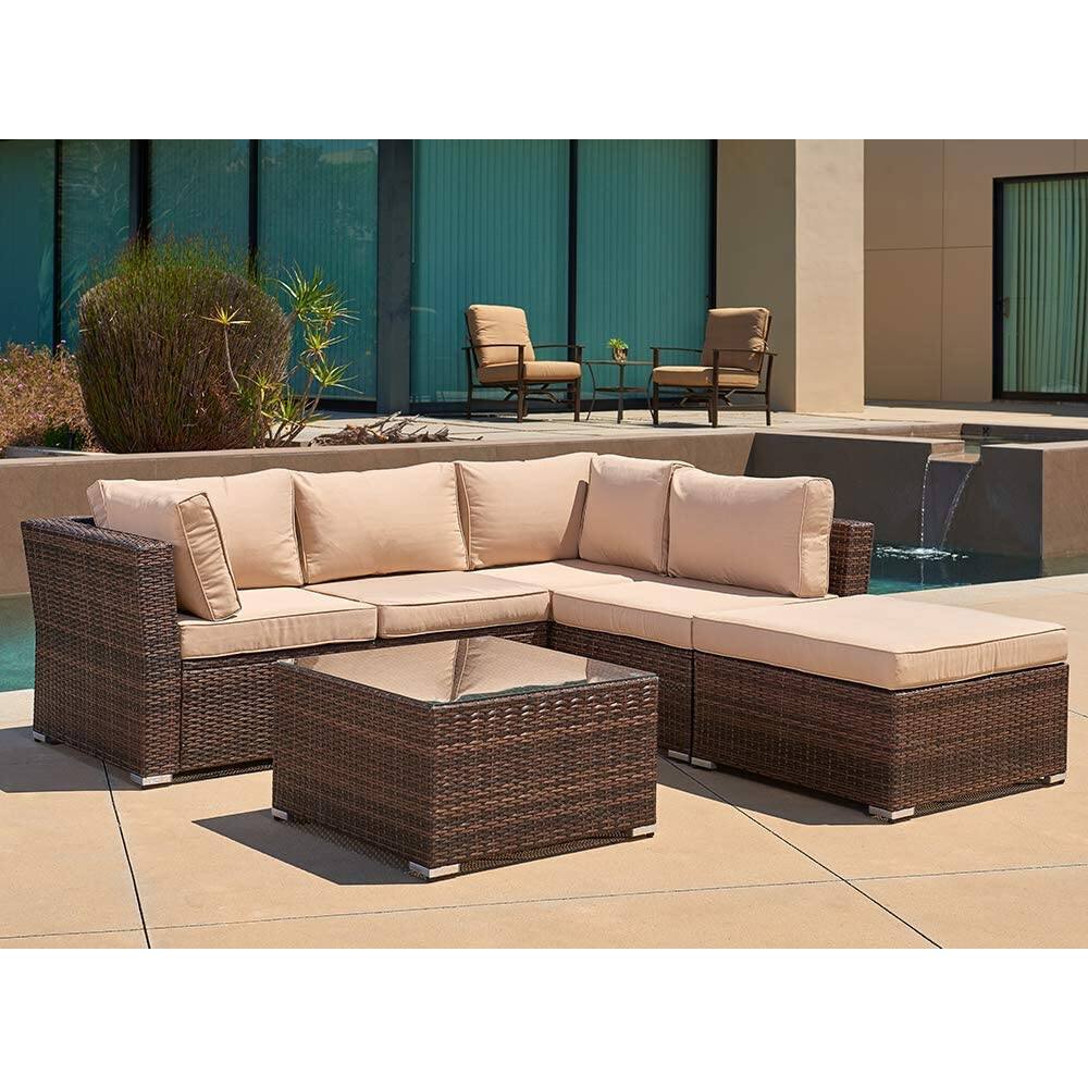 Blue SUNCROWN Outdoor 4-Piece Furniture Sectional Sofa Set All Weather Grey Wicker with Washable Seat Cushions and Modern Glass Coffee Table