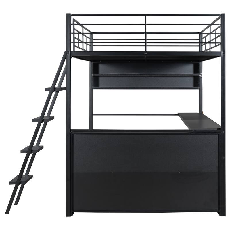 Full Size Loft Bed with Desk, LED Shelves, and Storage - Metal Frame with Guardrails and Ladder, Space-Saving Design for Teens