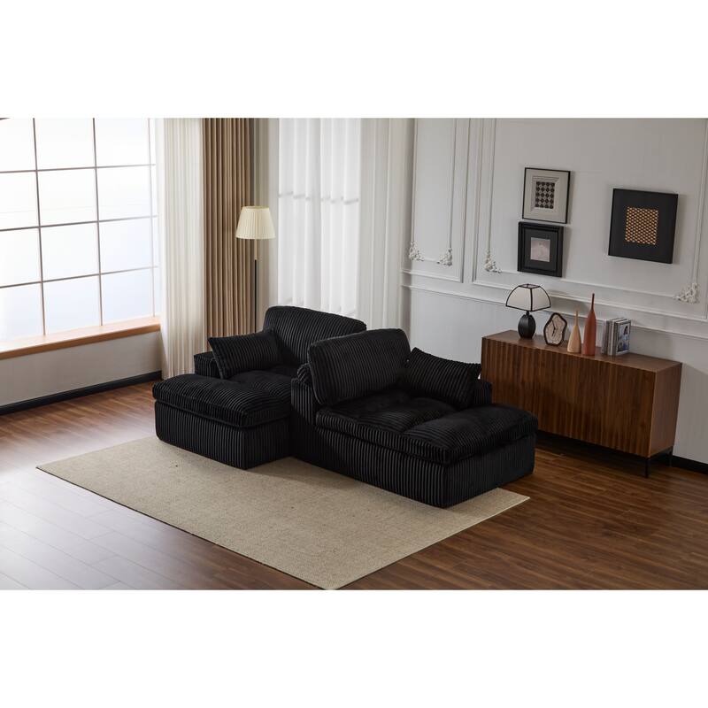 Double Chaise Lounge Chair, Corduroy, Black, No Assembly Required