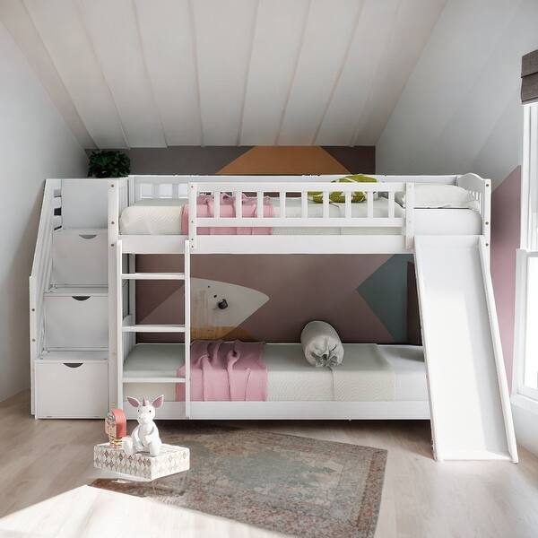 slide 2 of 37, Elegant Stairway Twin over Twin Bunk Bed with Two Drawers, Convertible Ladder and Slide, Save Space or Split Into 2 Beds White