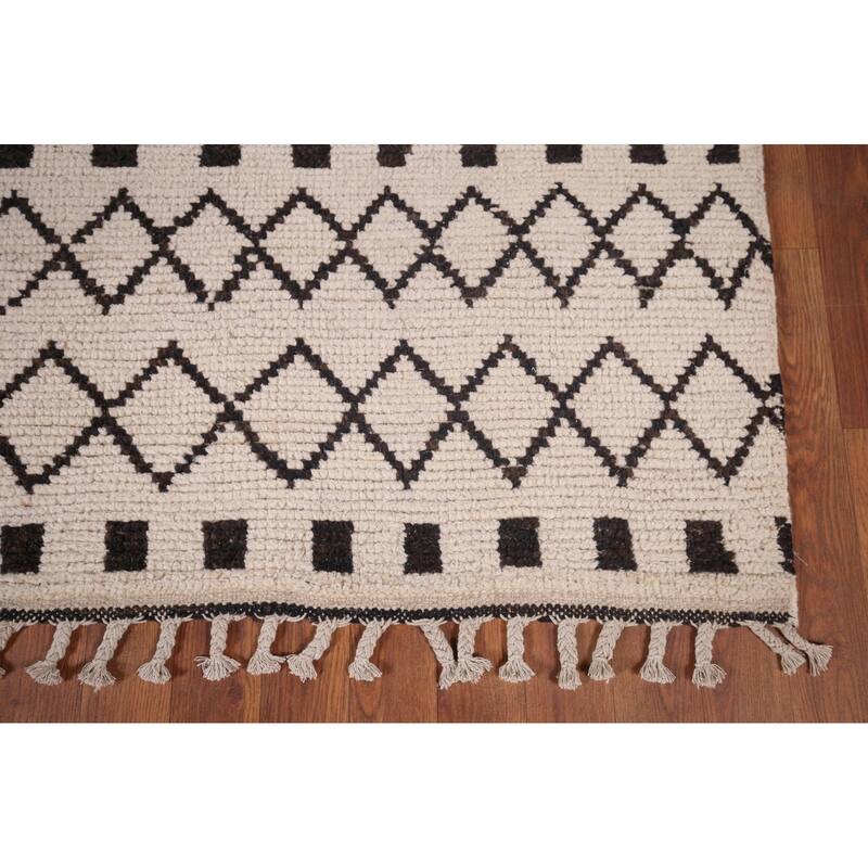 Ivory Trellis Moroccan Area Rug Hand-Knotted Wool Carpet - 7'0"x 10'4"