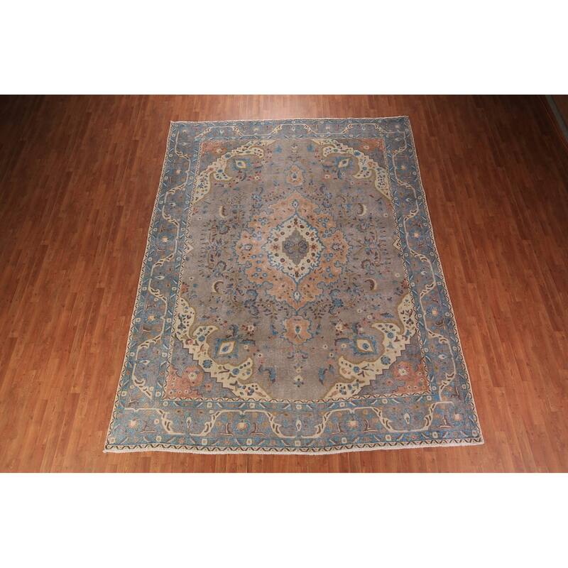 Overdyed Gray Tabriz Persian Vintage Area Rug Handmade Wool Carpet - 9'8" x 12'7"
