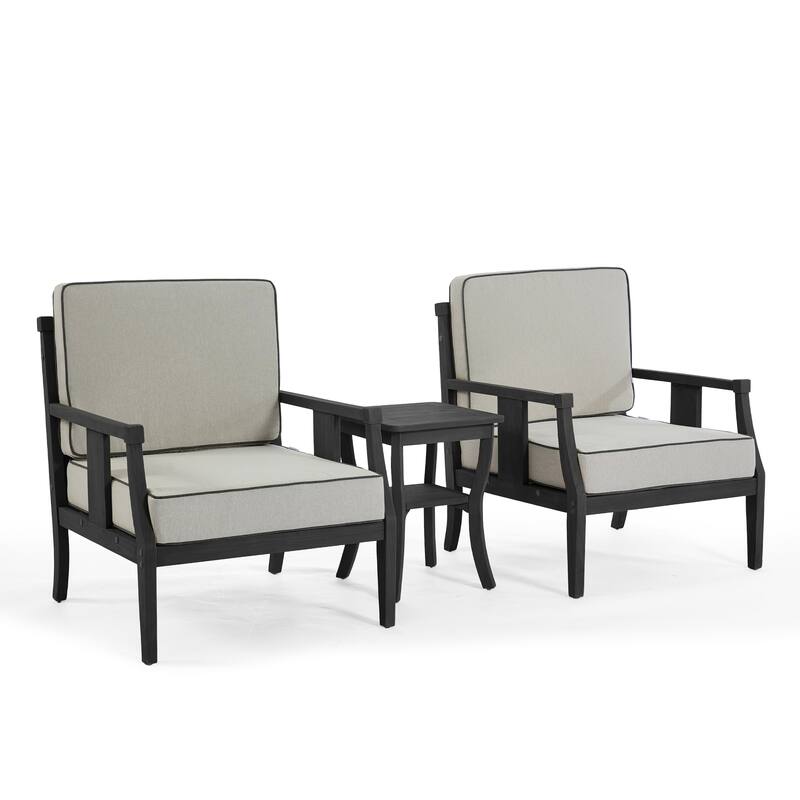 3-Piece Teak Wood Outdoor Armchair Set with Side Table, Cushions, Patio Seating Sets