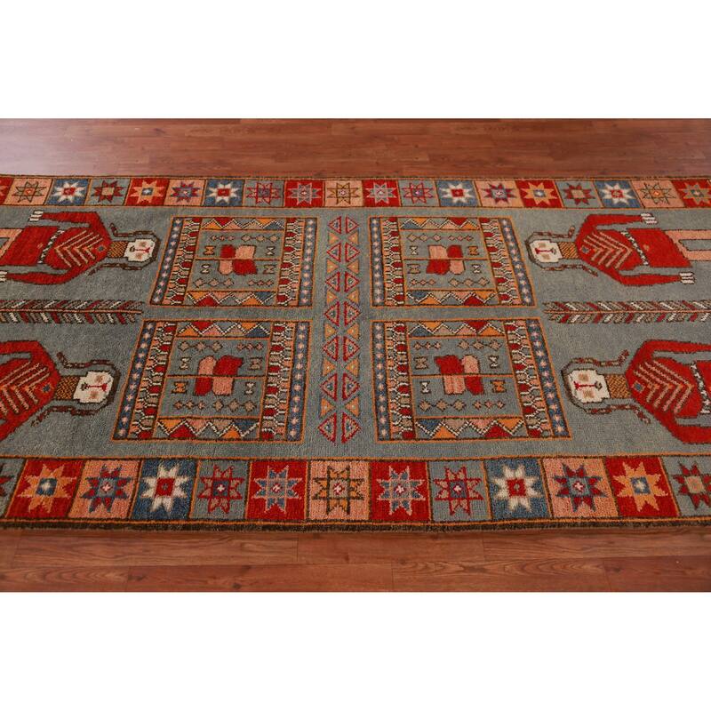 Hand Knotted Oriental 100% Wool Carpet Traditional Tribal Greys & Charcoal Heriz (serapi) Runner Rug - 9' 11'' X 4' 1''