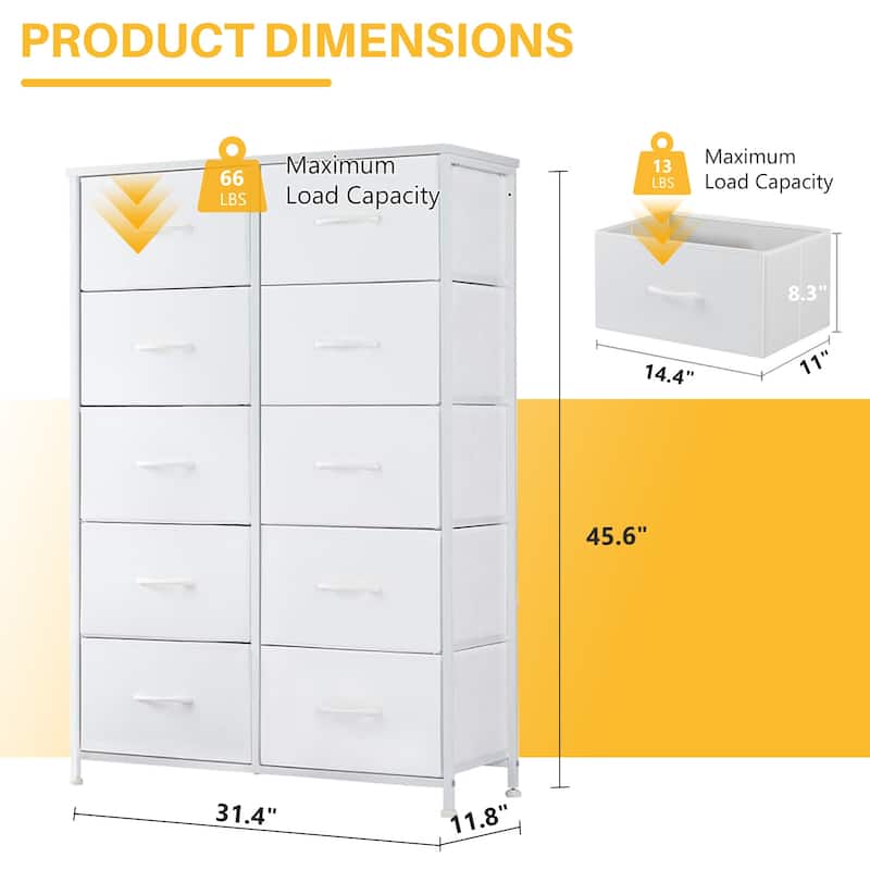 Dresser for Bedroom, 10 Storage Drawers, Anti-Tip Tall Fabric Closet Chests Organizer Tower Furniture Wooden Top Metal Frame