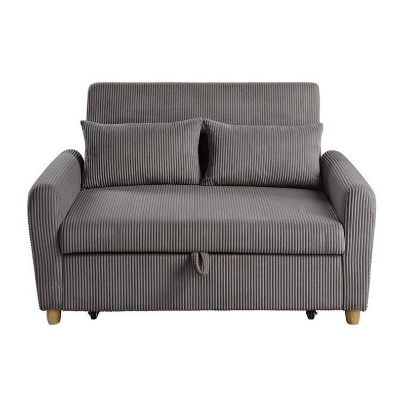 Tina 54 Inch Convertible Sleeper Loveseat, Round Arms, 2 Pillows, Brown