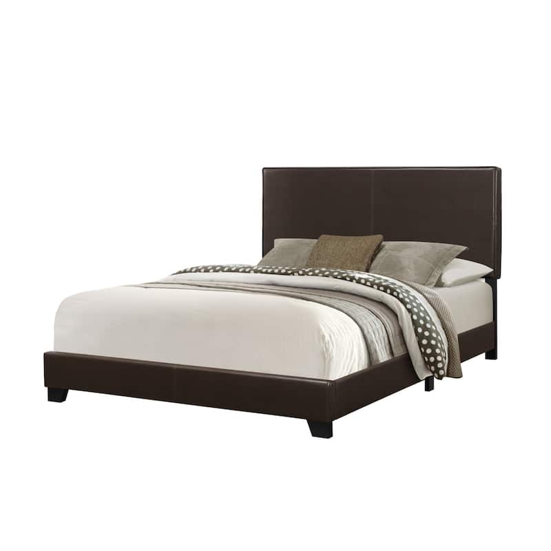 Brown White Faux Leather Queen Bed with Wood Frame and Upholstered Headboard