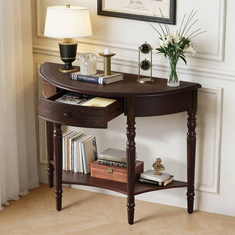 Farmhouse Half Moon Console Table with Drawer and Shelf for Entryway and Living Room Decor