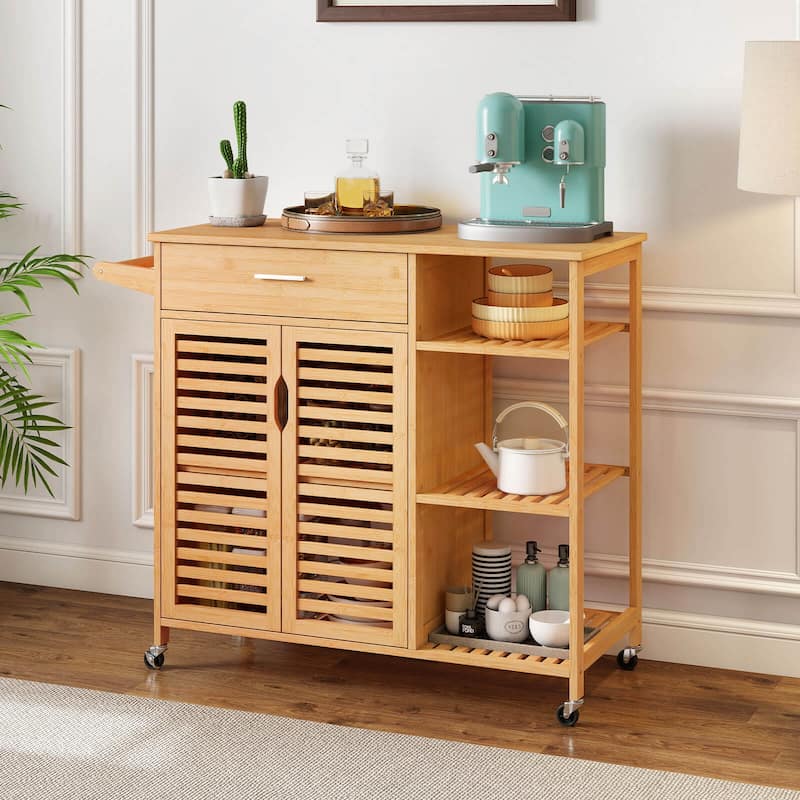 Costway 35.5" Kitchen Island Cartwith Lockable Wheels Drawer Open - Natural - See Details