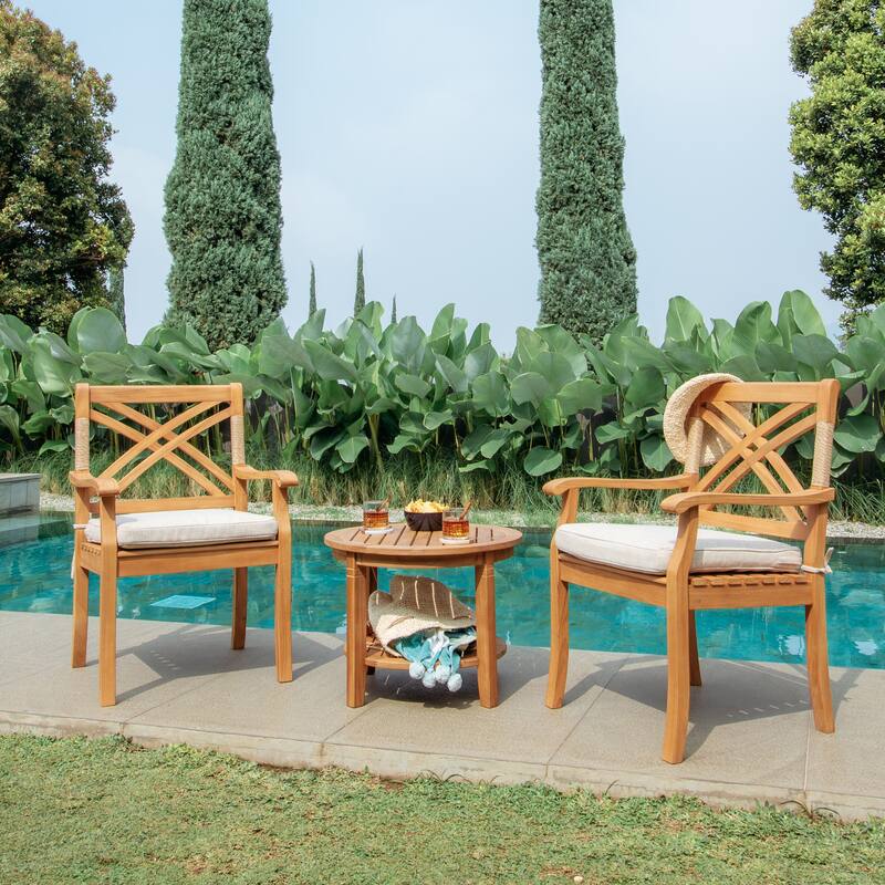 Cambridge Casual Carmel 3-Piece Teak Patio Conversation Set with Wicker-Accent Chairs - Natural Teak/Tan Cushion