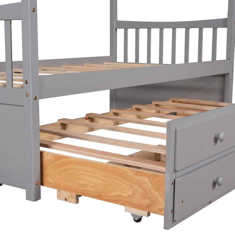 Twin Wooden House Bed with Pull-Out Trundle and Additional Drawers