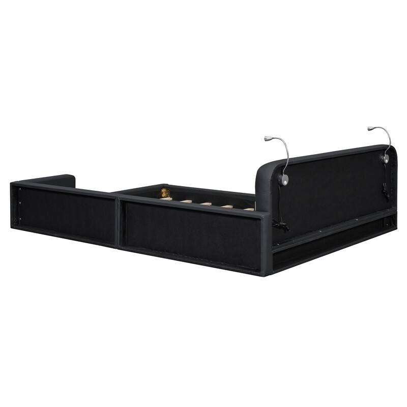Upholstered Platform Bed with 2 Bulit-in Reading Lights, Queen Size PU Bed Frame Floor Bed with Button Tufted Design Headboard