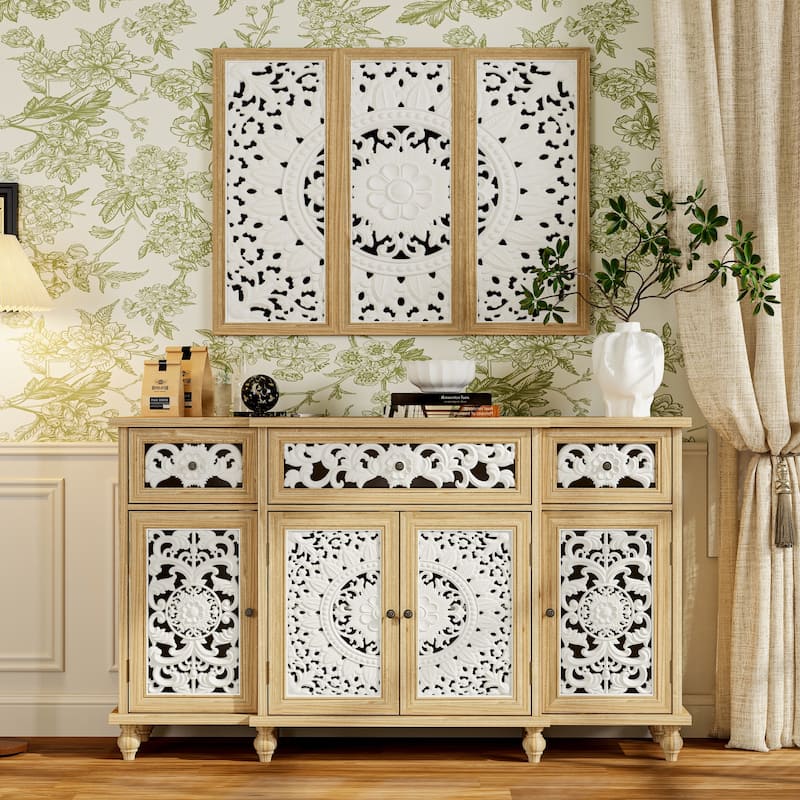 Booksheves Boho Entryway Display Cabinet w Wall Décor White Hollow Carved Panels Sideboard