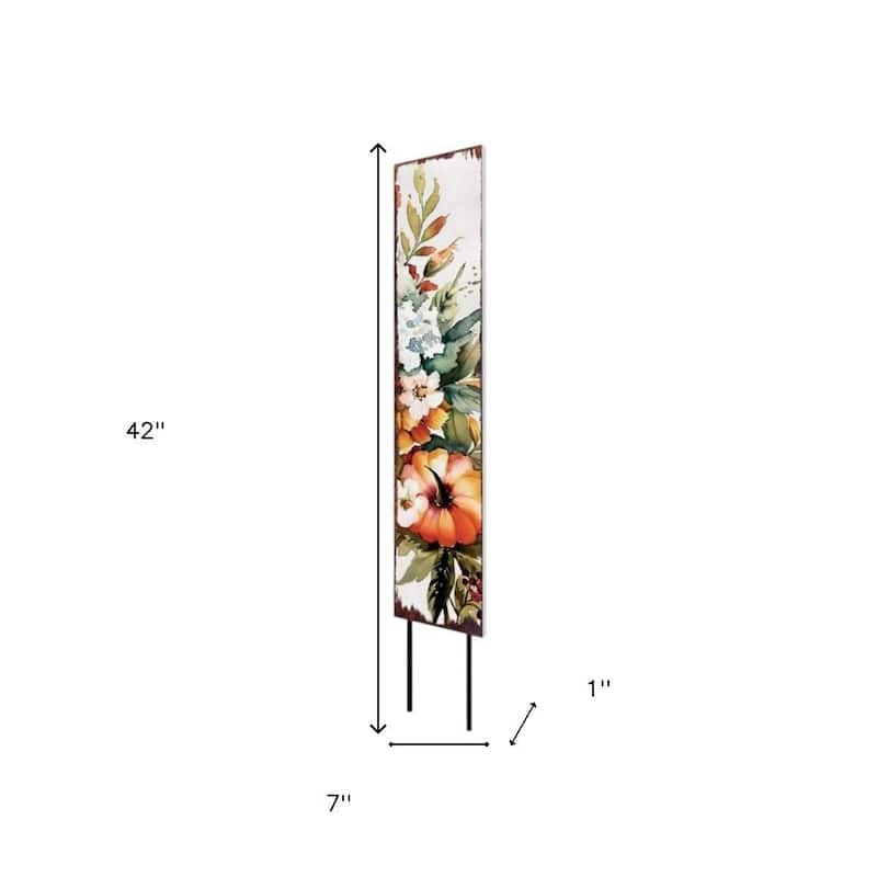 HomeRoots 42" Green Orange And White Solid Wood Watercolor Floral Pumpkin Garden Stake