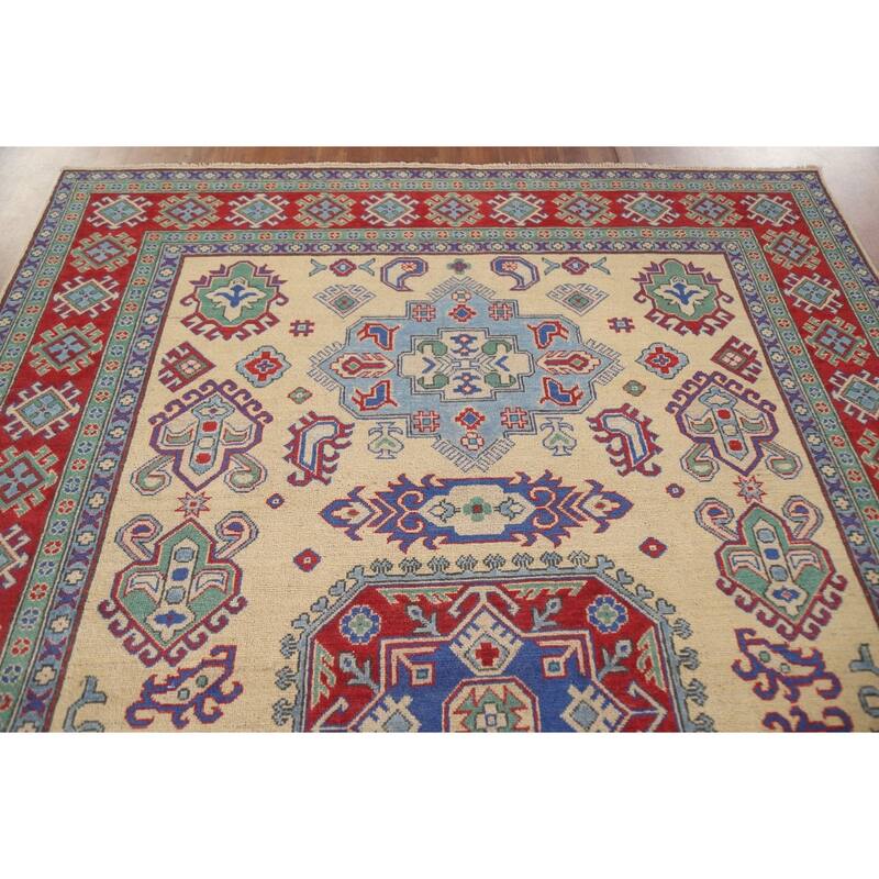 Hand Knotted Oriental 100% Wool Carpet Traditional Geometric Peach Kazak Area Rug - 9' 9'' X 6' 8''