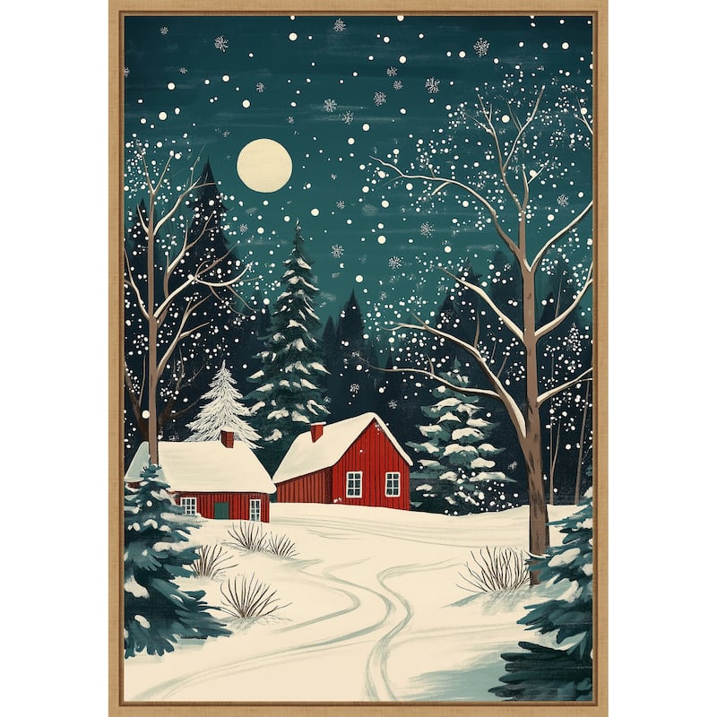 Red Houses and Snowy night sky by Pictufy Studio Framed Canvas Wall Art Print - Sylvie Natural