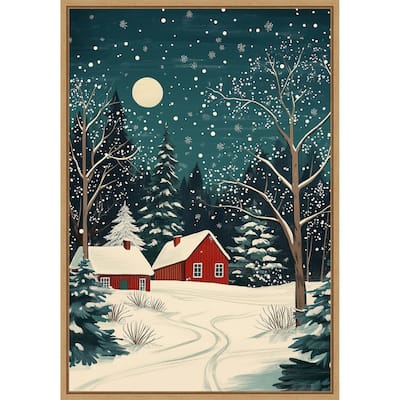 Red Houses and Snowy night sky by Pictufy Studio Framed Canvas Wall Art Print - Sylvie Natural