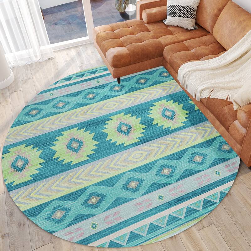Indoor/ Outdoor Sonora Global Medallions Washable Rug - 8' x 8' - Peacock