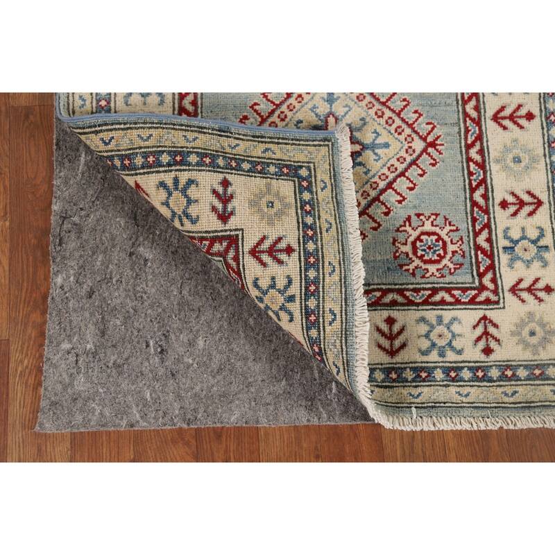 Light Blue Kazak Runner Rug Hand-Knotted Geometric Wool Carpet - 2'7" x 13'1"