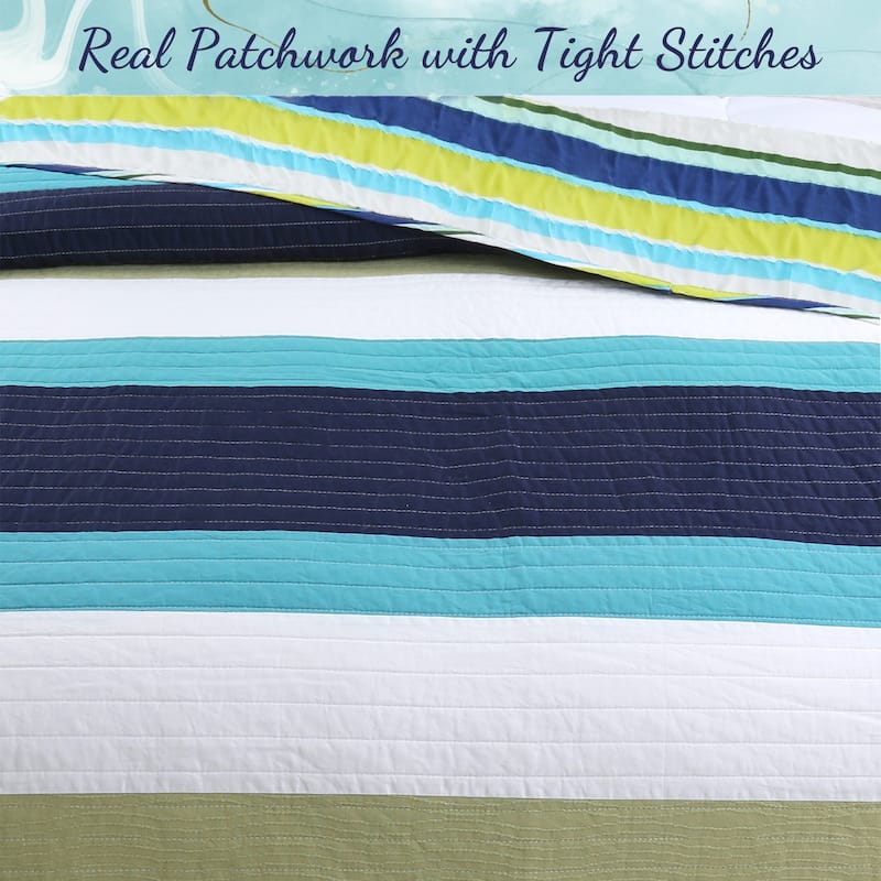 Cozy Line Aquamarine Stripe Patchwork Navy Blue Green Star Dot Cotton Reversible Quilt Bedding Set