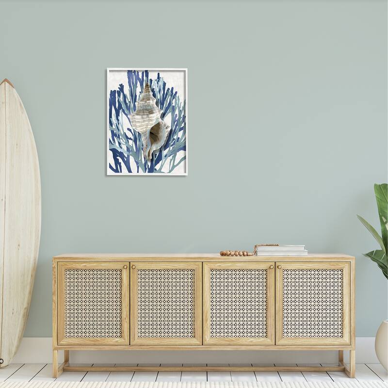 Stupell Tower Shell Coral Blue Beach Design Framed Giclee Texturized Art by Caroline Kelly