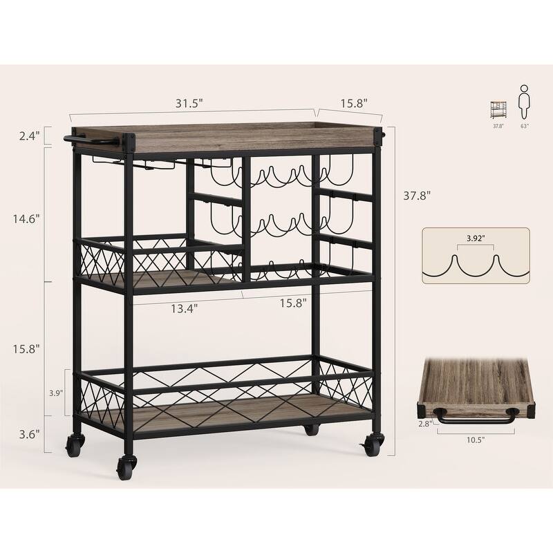Bar Serving Cart, Bar Cabinet, Mobile Wine Cart with Lockable Wheels