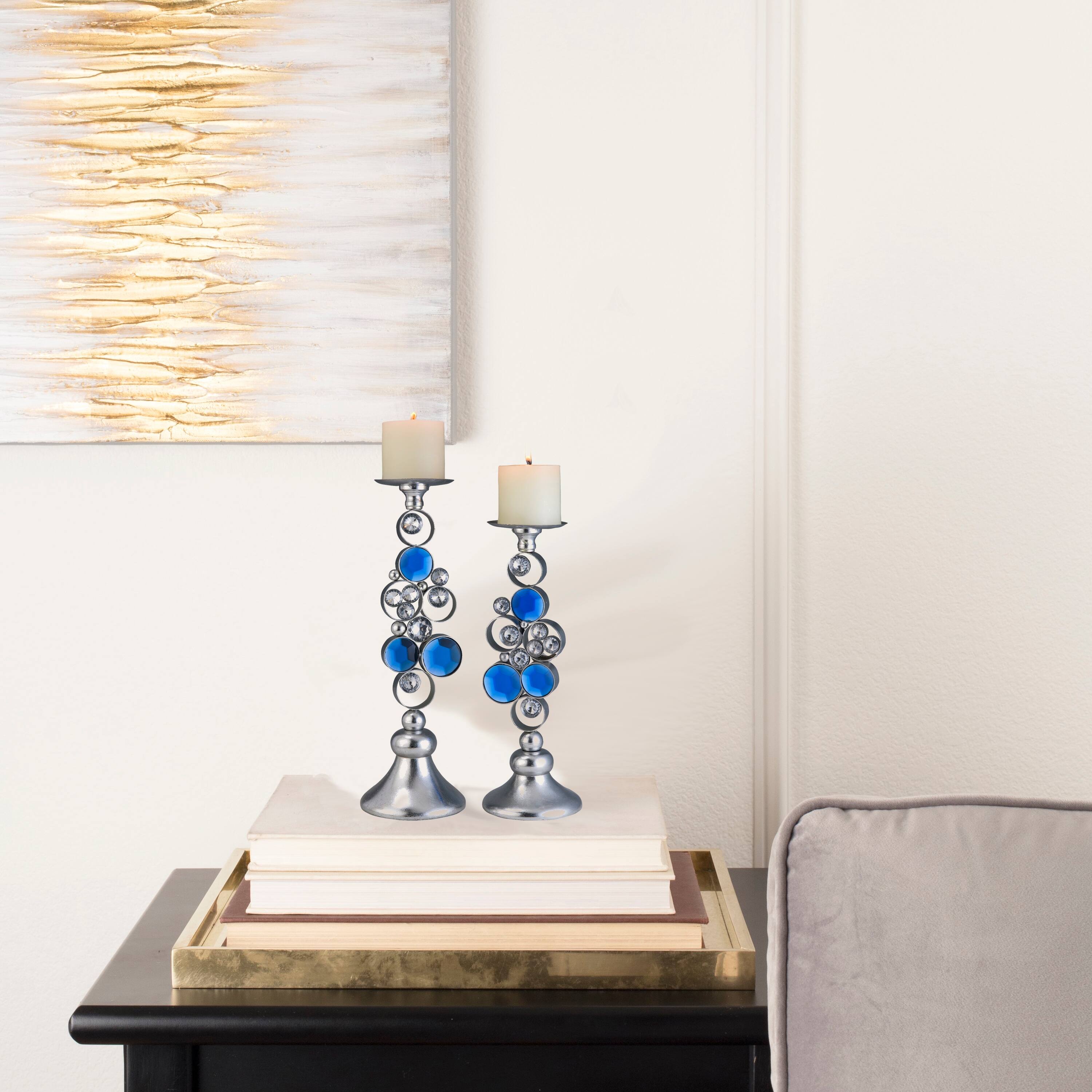 HomeRoots Set Of Two Silver and Blue Bling Tabletop Pillar Candle