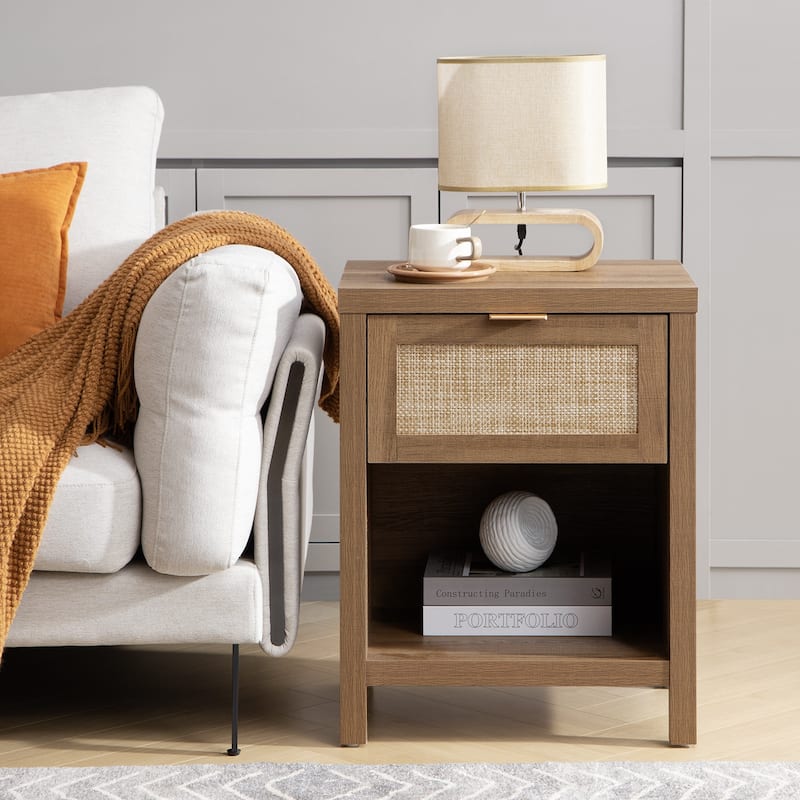 SICOTAS Farmhouse Rattan Nightstand with Drawer and Storage Shelf - Oak