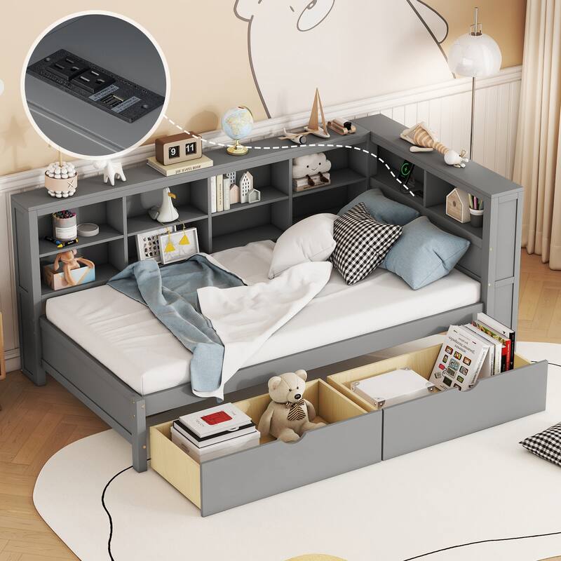 Wood Twin/Full Size DayBed with 2 Drawers, Storage Shelf and USB Charging Ports