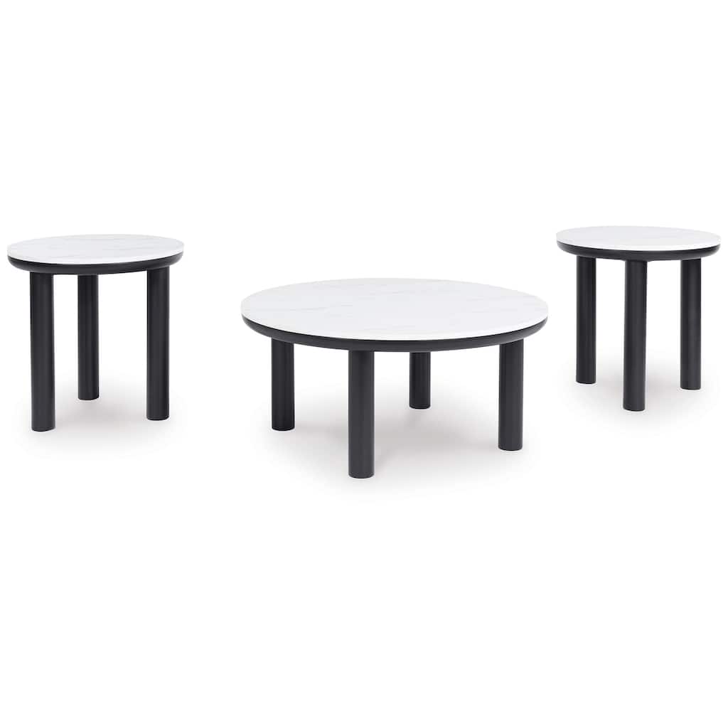 Dae 3pc Coffee and End Table Set, Round White Faux Marble, Black