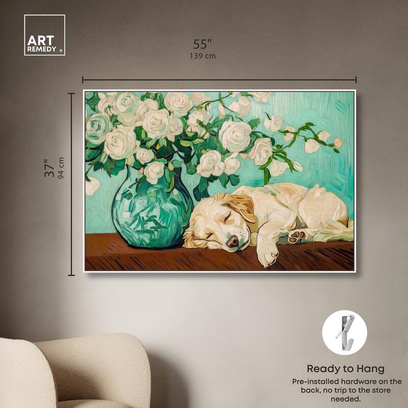 Rose Vase Puppy Canvas by Art Remedy
