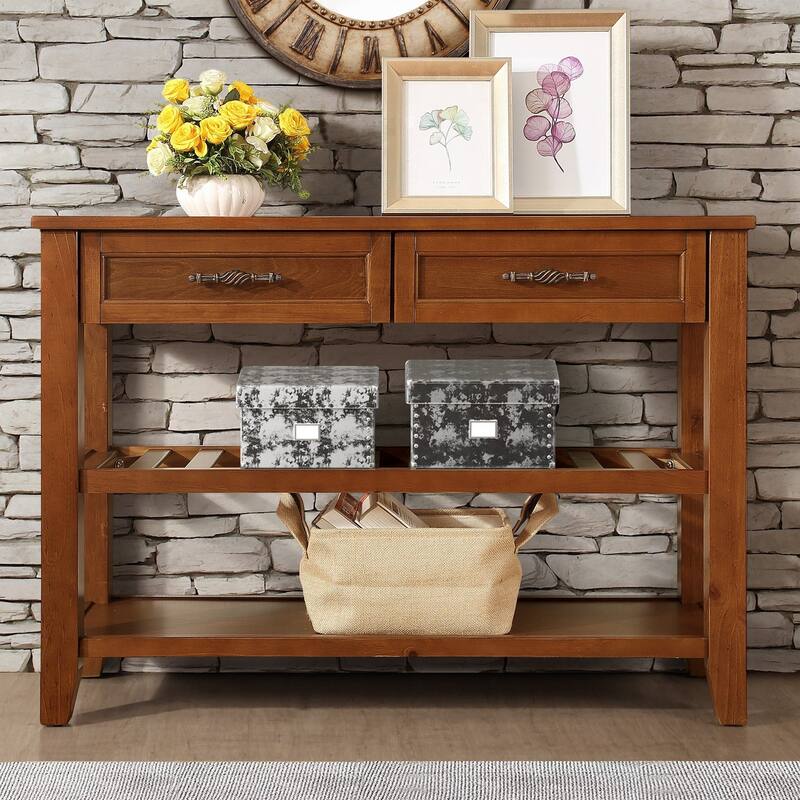 3-Tier Console Table, 42" Solid Wood Entryway Table Pine Accent Table - Walnut
