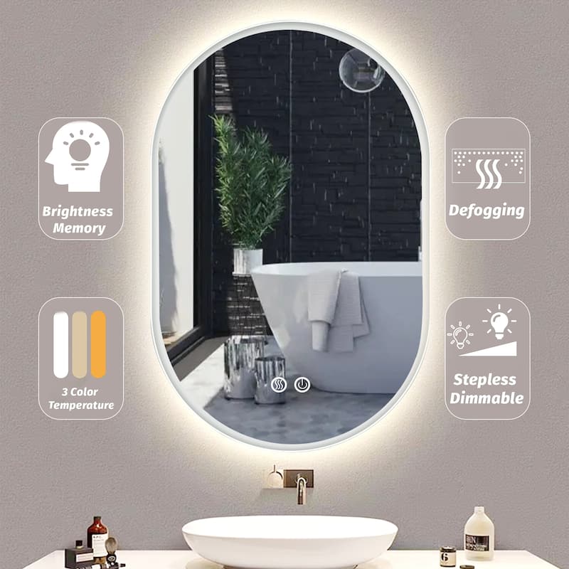 26''/32''/36''/40'' LED Oval Frameless Bathroom Backlit Vanity Mirror with Anti-Fog & Dimmable, Silver