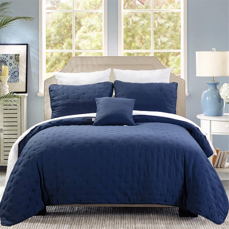 Emilie 4 Piece Crescent Stitch Quilt Set by HULALA HOME - BLUE - King
