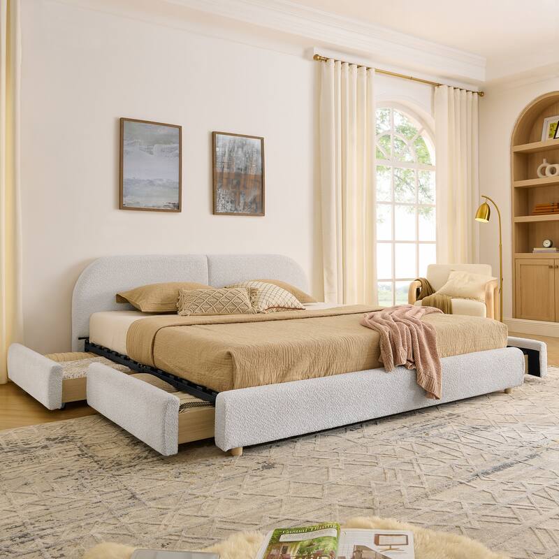 Stylish Curve-shaped Upholstered Platform Bed Frame Modern Minimalist Low Profile Bed with Curved Headboard Optional Storage Bed