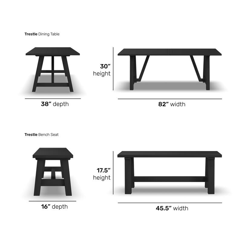 Trestle Black Wood Dining Table with 2 Benches