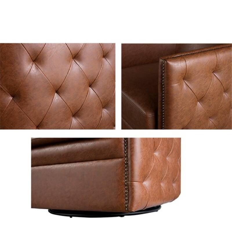 Roomfitters Tufted Barrel Swivel Accent Chair, 360 Degree Faux Leather Lounge Chair with Nailhead Trim for Living Room, Brown