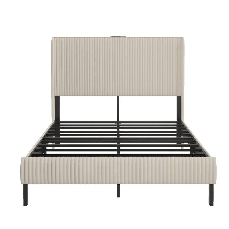 Modern Beige Metal Platform Bed Frame with Charging Station, 2 USB Ports for Living Room