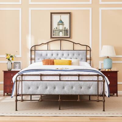 Upholstered Wingback Velvet Fabric Chesterfield Bed/Button Tufted Headboard with Vintage Wing/Wood Slat Support/Easy Assemble