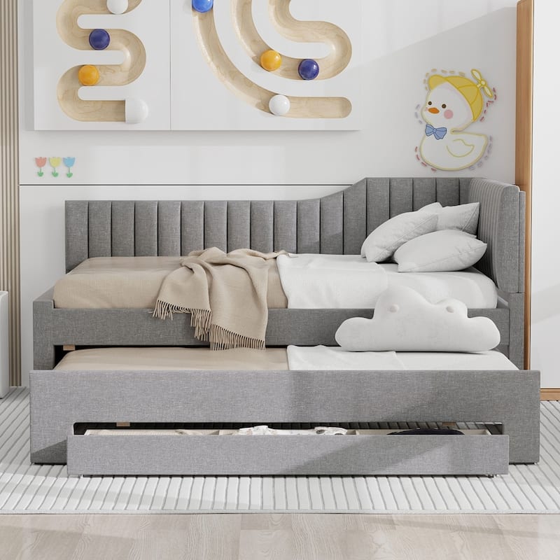 Upholstered Daybed with Trundle and Three Drawers - Grey - Full