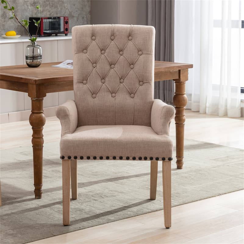 Fabric Upholstered High Back Arm Dining Chair with Oak Wood Legs - Ivory Brown