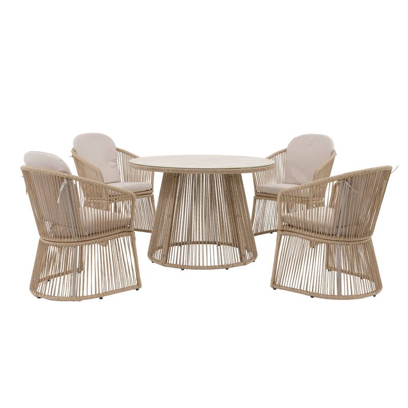 5 Pieces Outdoor PE Rattan Patio Dining Set with Round Tempered Glass Table